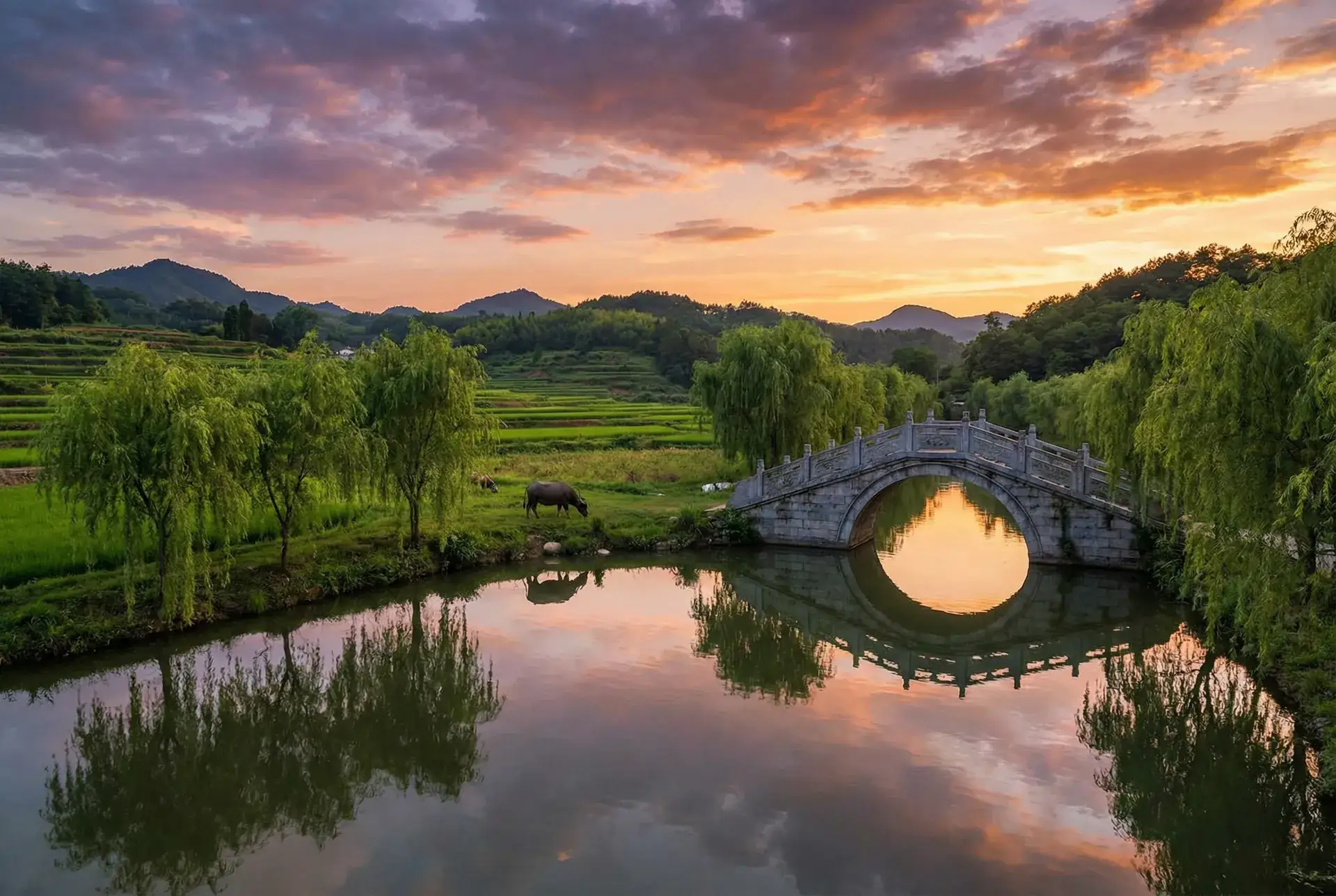 夕阳下的石拱桥与垂柳，水牛在河边吃草 - 龙牧卡组 乡村美景