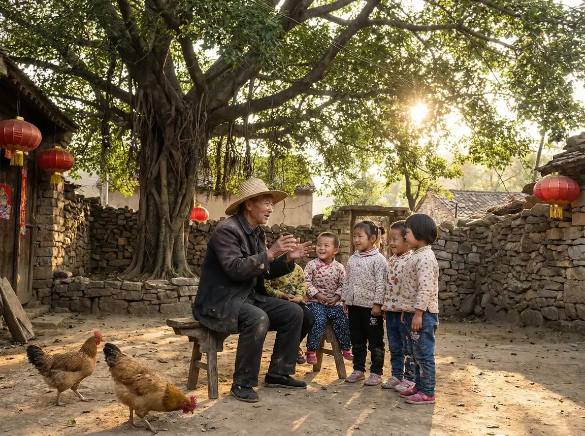 老人在大榕树下给孩子们讲故事 - 龙牧卡组 乡村记忆